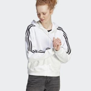 Adidas 3-Stripes French Terry Γυναικεία Ζακέτα Φούτερ με Κουκούλα Λευκή