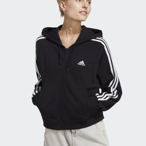 Adidas Essentials Cropped Γυναικεία Ζακέτα Φούτερ με Κουκούλα Μαύρη